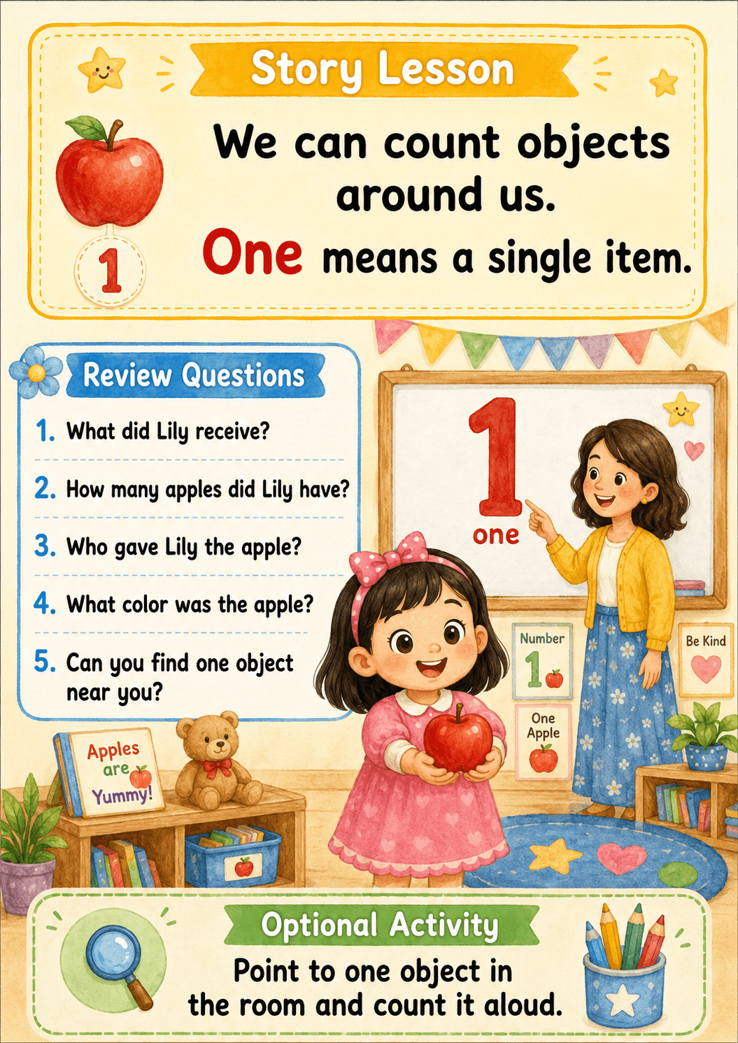 Story Lesson and Review Questions page — sample output