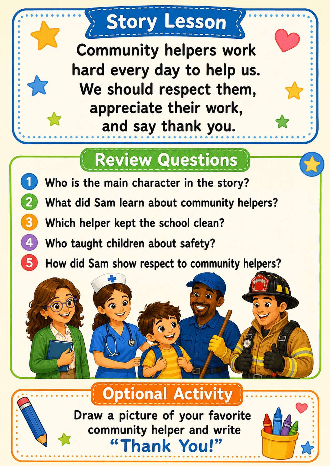 Story Lesson and Review Questions page — sample output