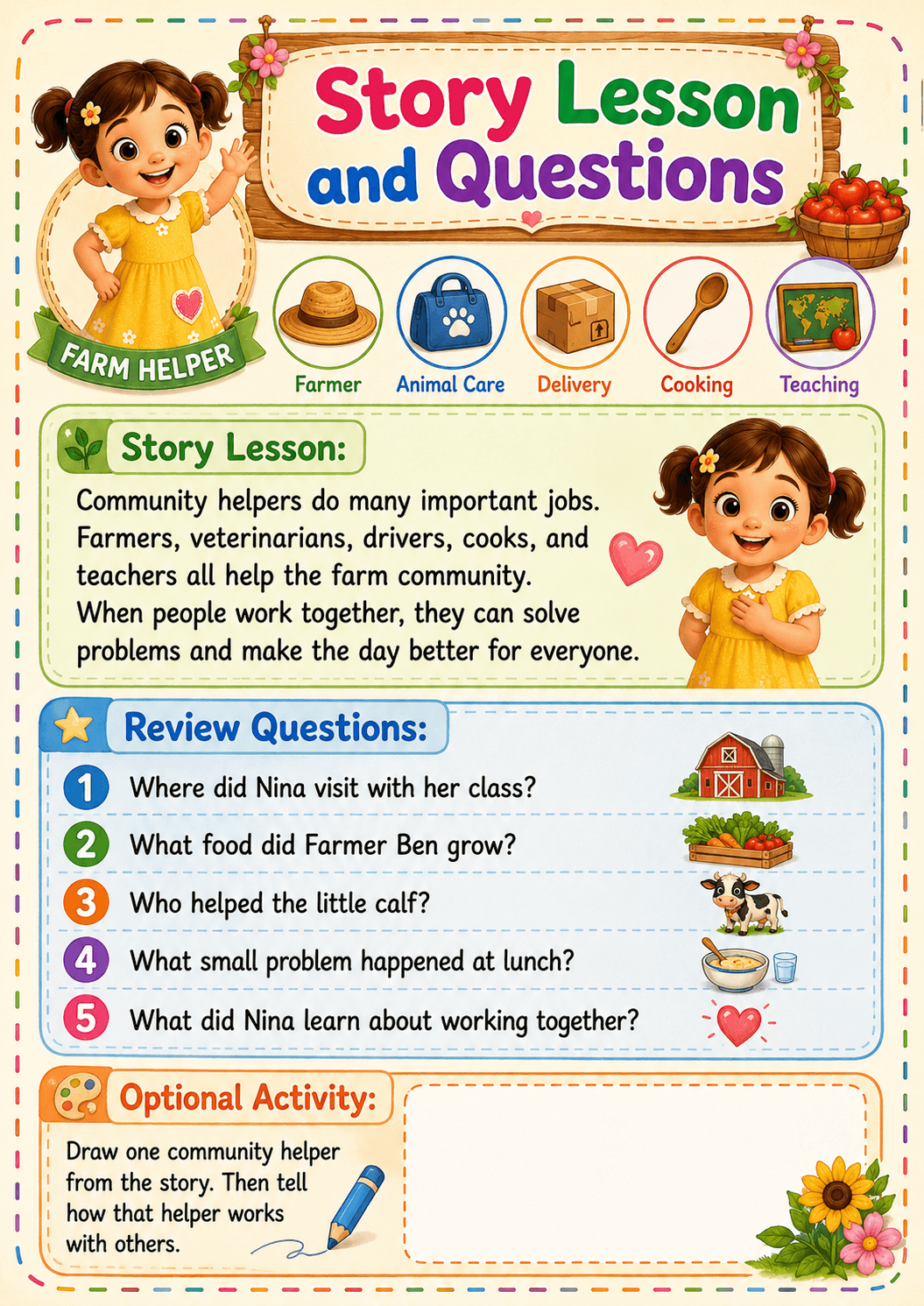Story Lesson and Review Questions page — sample output