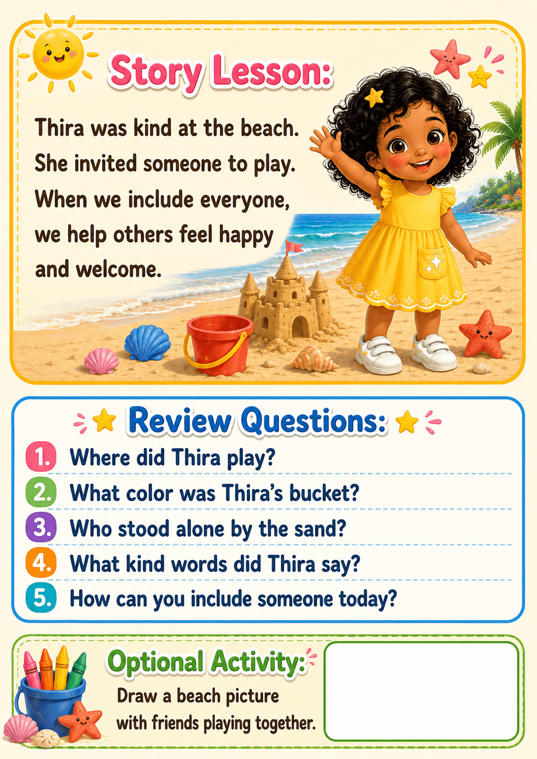 Story Lesson and Review Questions page — sample output