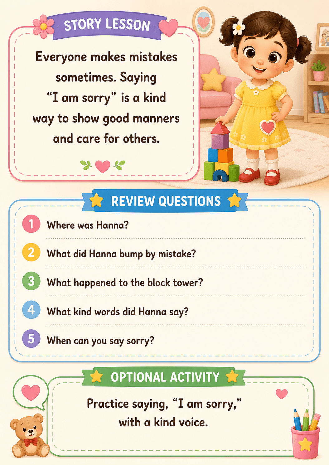 Story Lesson and Review Questions page — sample output