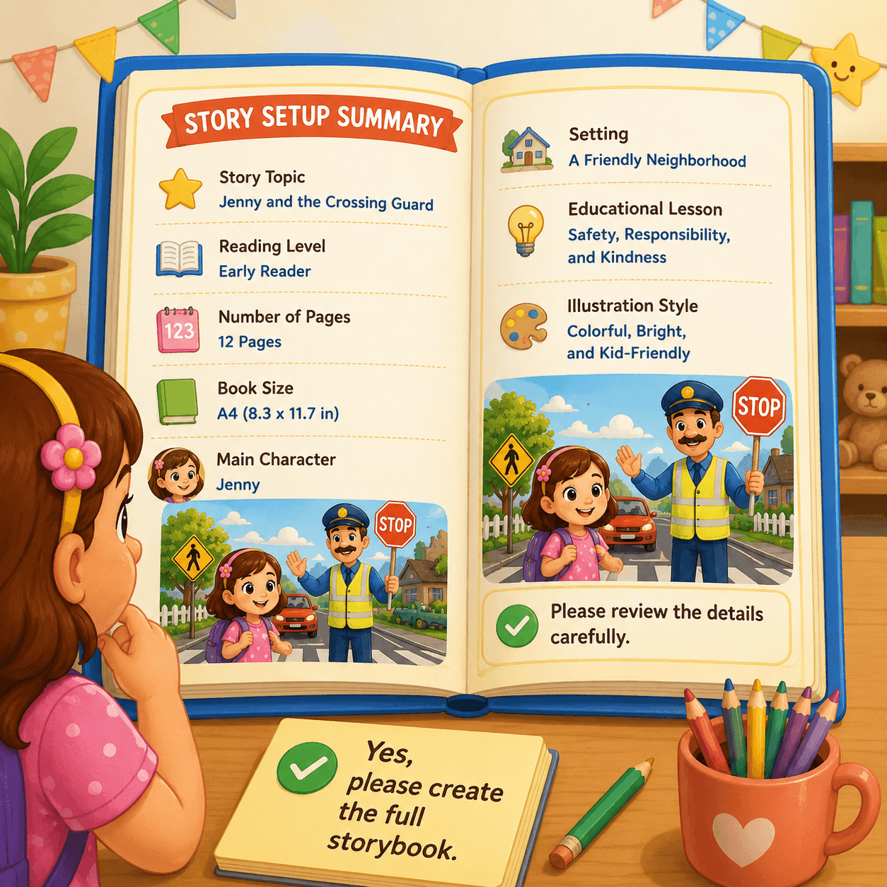 The GPT confirms your story setup summary before creating the book