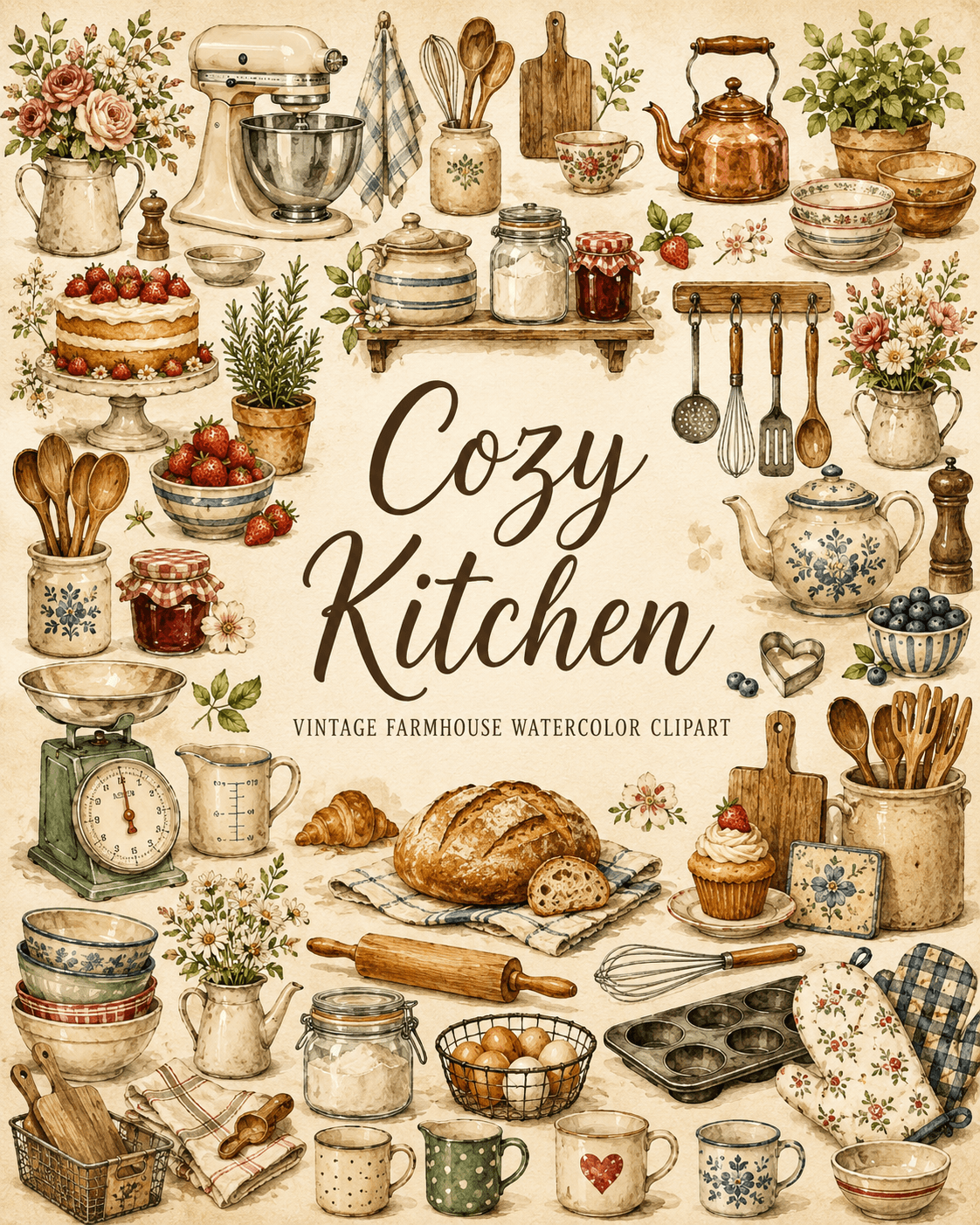 Cozy Kitchen Vintage Farmhouse Watercolor Clipart