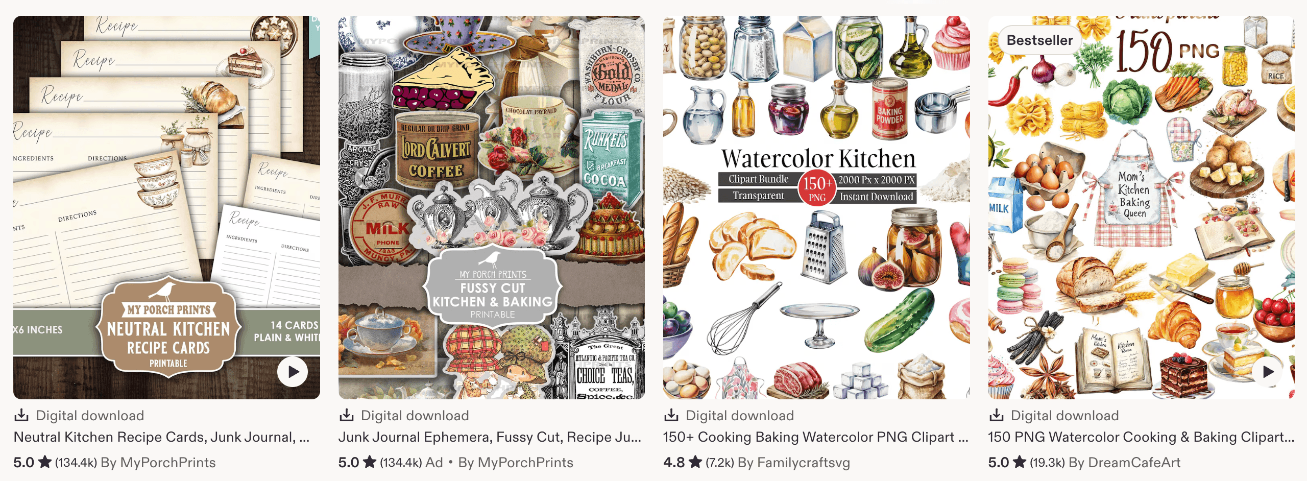 Etsy bestseller kitchen printables — recipe cards, junk journal, watercolor clipart all with 5-star ratings and 100k+ reviews