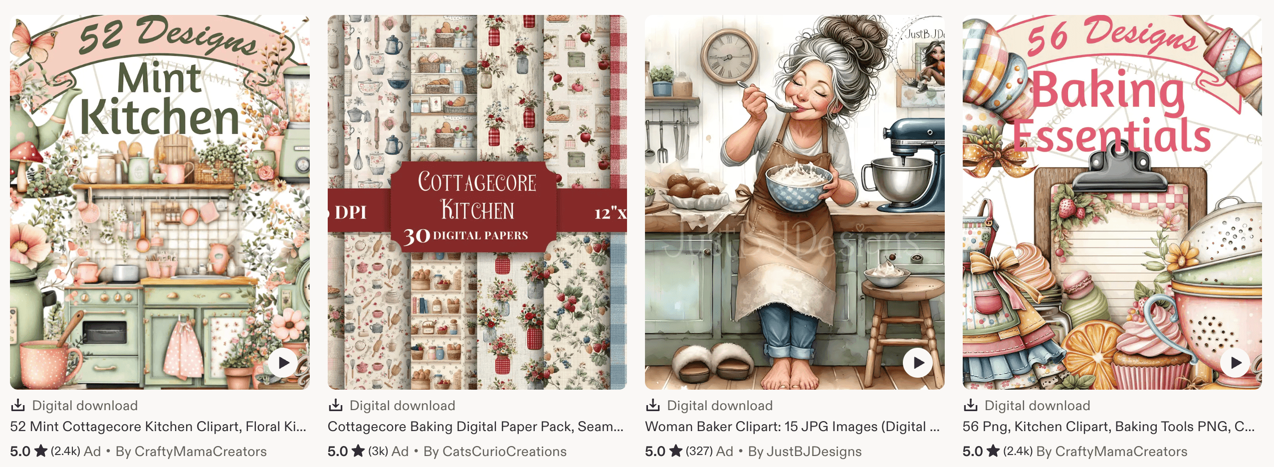 Etsy bestseller cozy kitchen clipart and digital papers — mint kitchen, cottagecore, baking essentials all 5 stars