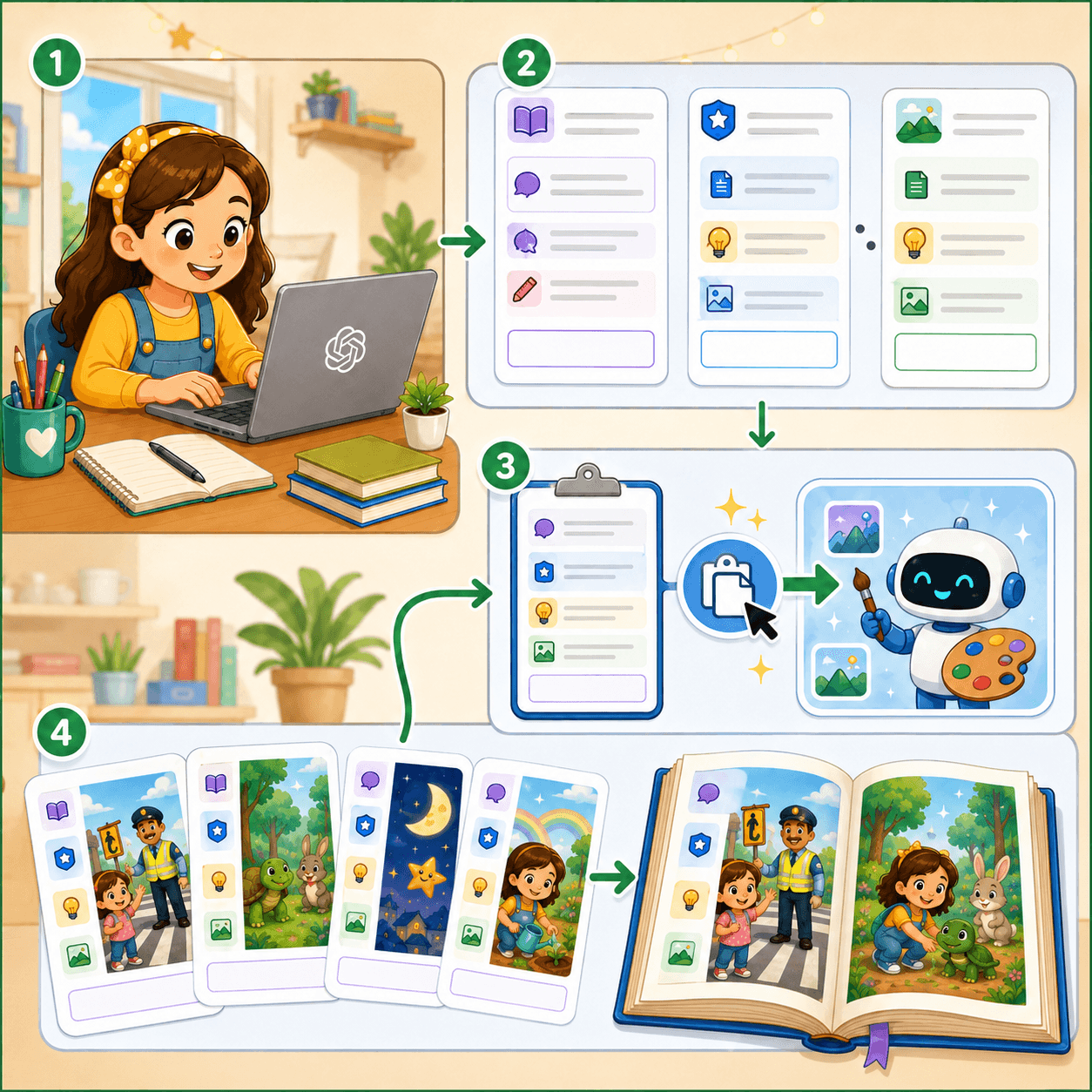The GPT delivers a complete page-by-page storybook with consistent characters and layout