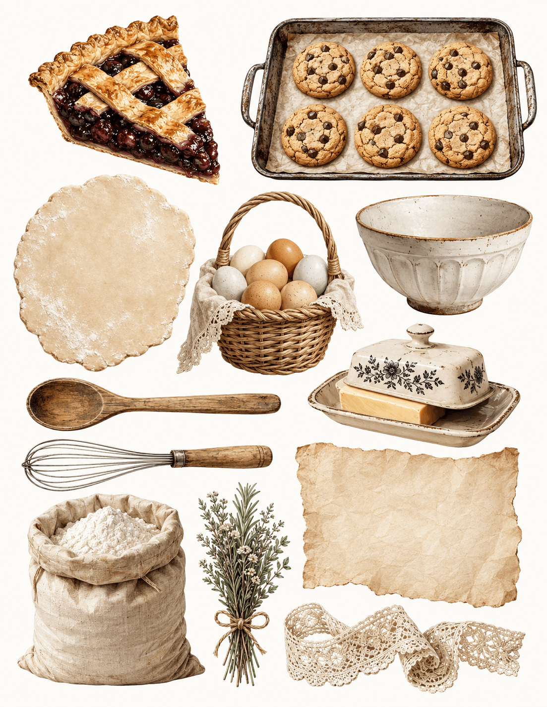 Vintage Baking Clipart — Pie, Cookies, Eggs & Tools