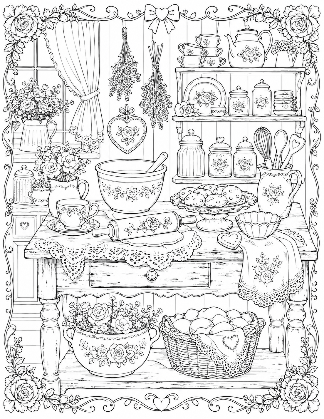 Elegant cozy kitchen coloring page