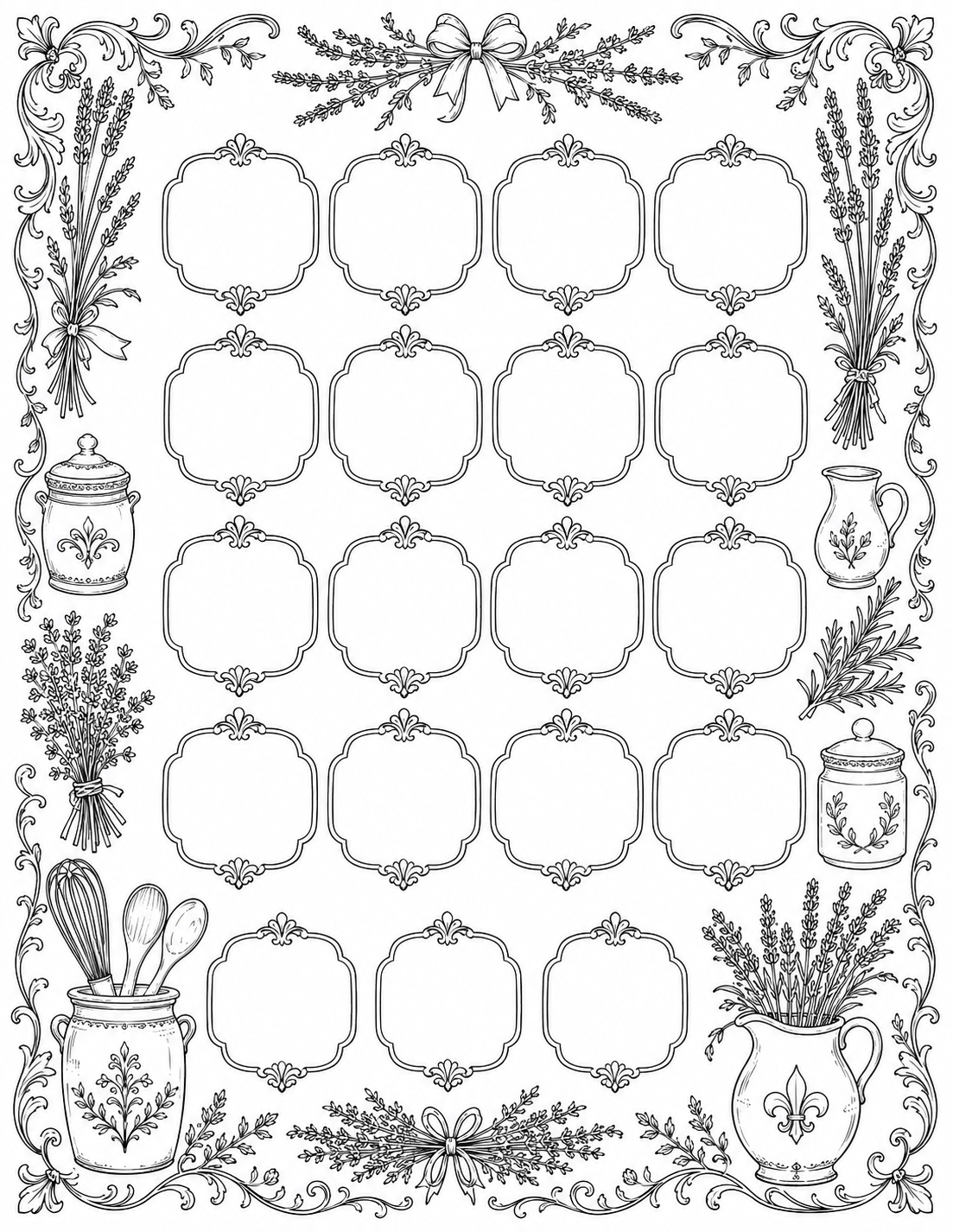 Elegant cozy kitchen coloring page