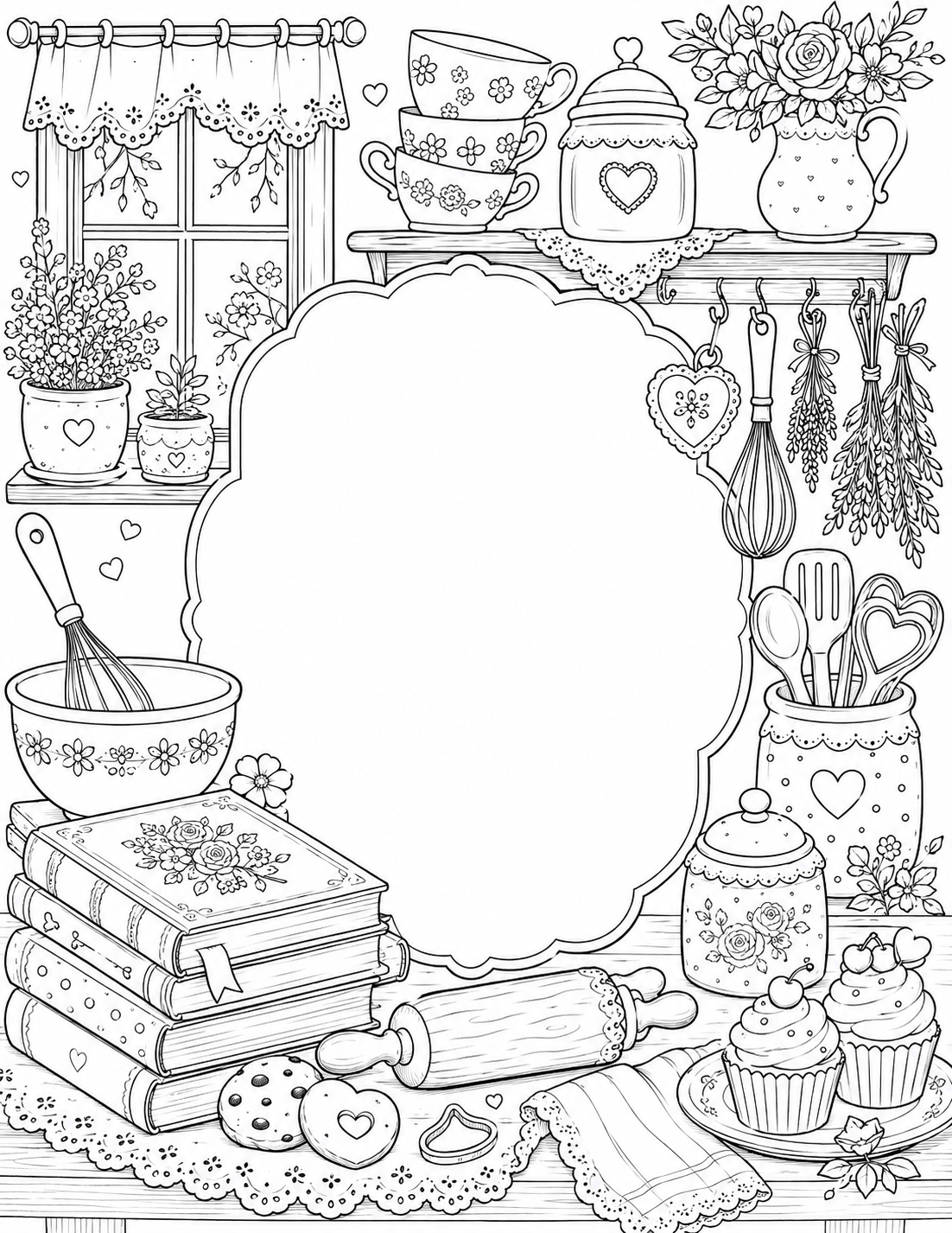 Elegant cozy kitchen frame outline