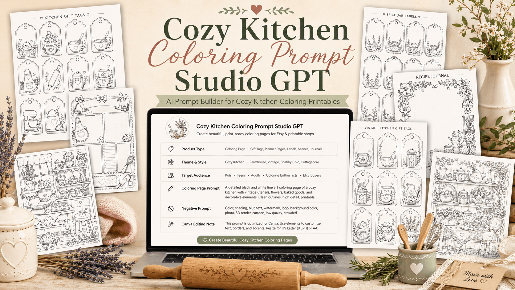 Cozy Kitchen Coloring Prompt Studio GPT — AI prompt builder for cozy kitchen coloring printables