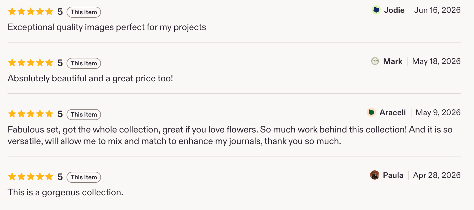 Real 5-star Etsy reviews screenshot