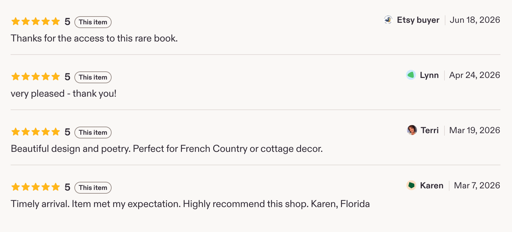 More real 5-star Etsy reviews screenshot