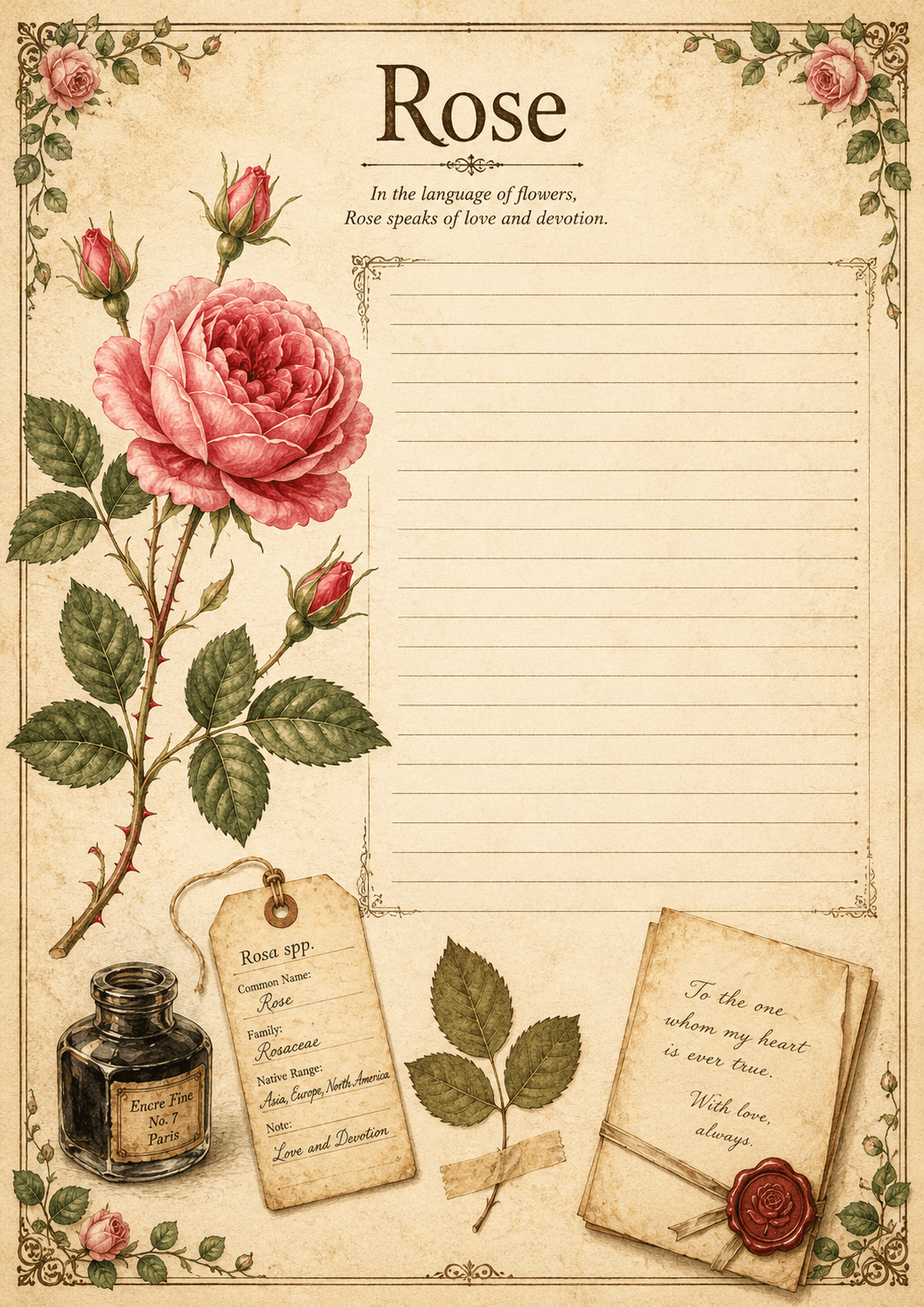 Rose vintage notes page printable