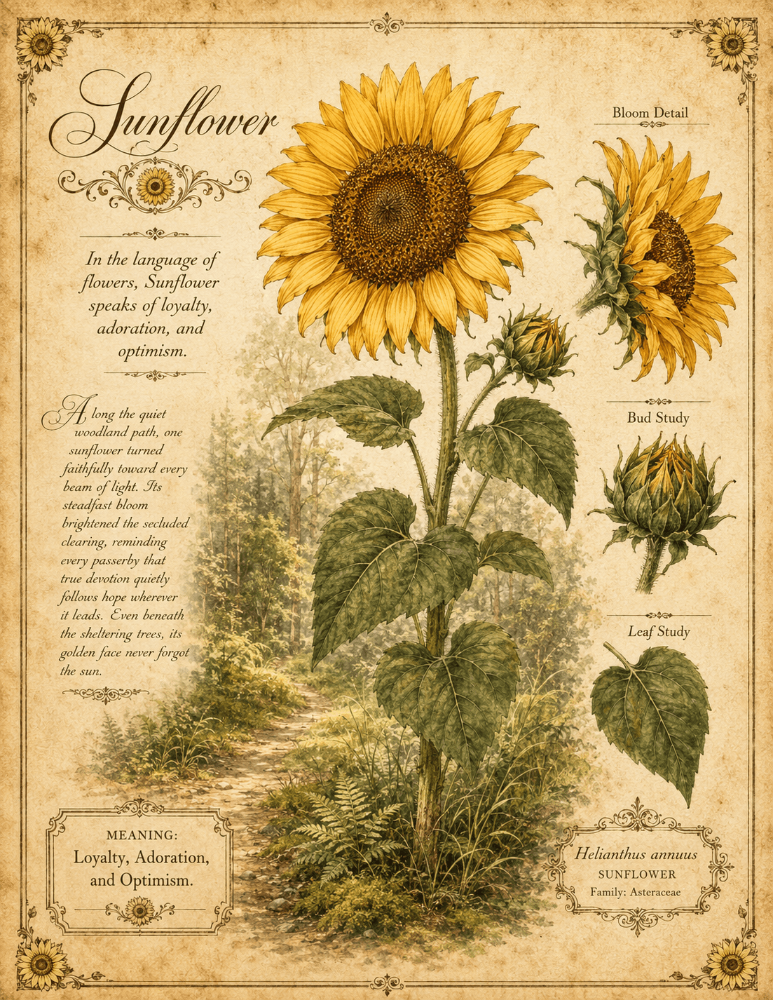 Sunflower antique botanical plate printable