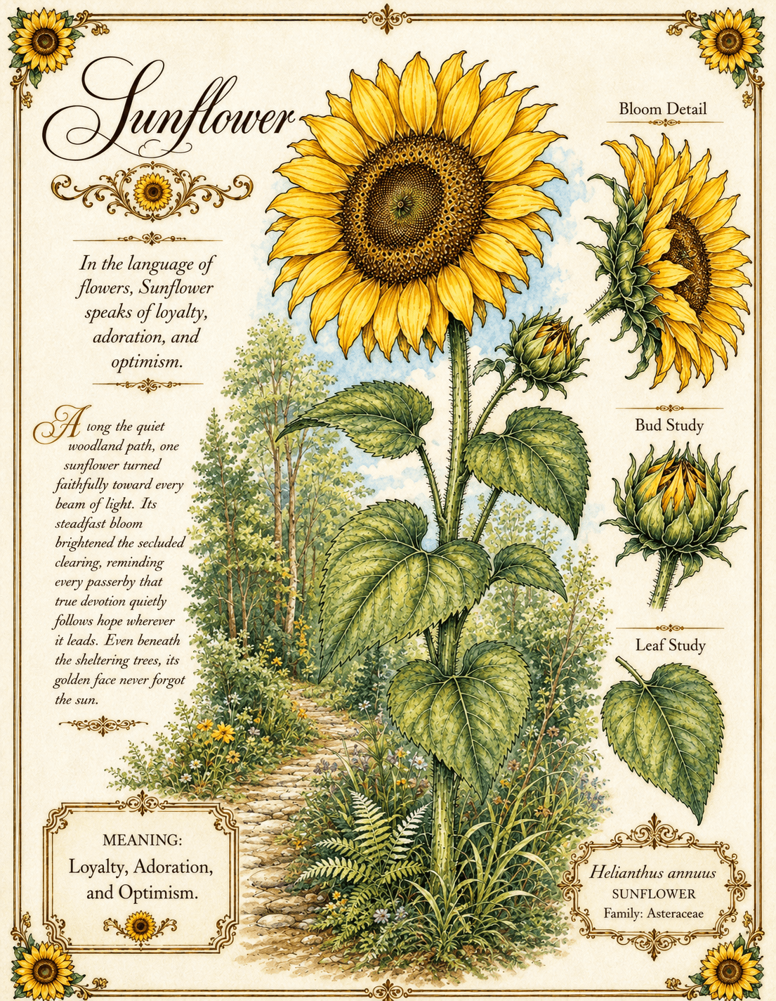 Sunflower botanical plate — original color edition